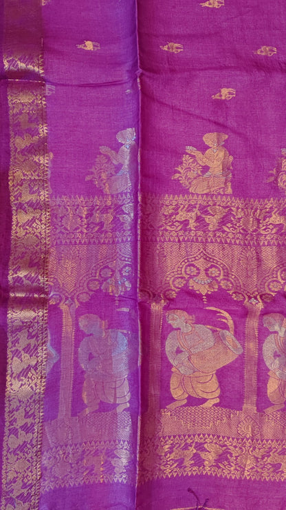 Dhakai exclusive pure Bengal tussar silk saree featuring elegant Tussar Swarnachuri weave, paired with a running blouse piece, from Rihyaaz’s premium handloom collection.