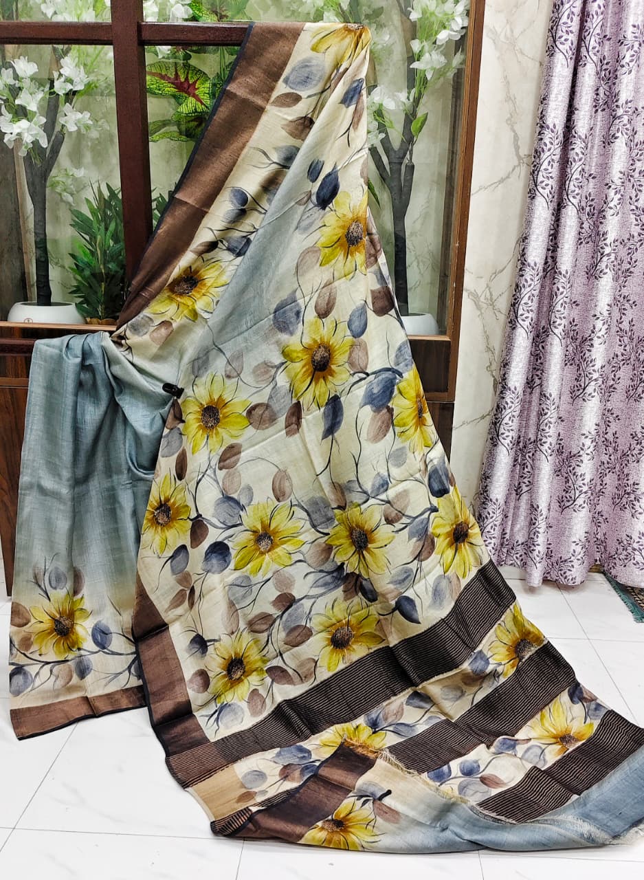 Sparsh – Hand-Painted Bishnupuri Tussar Saree with Zari Border