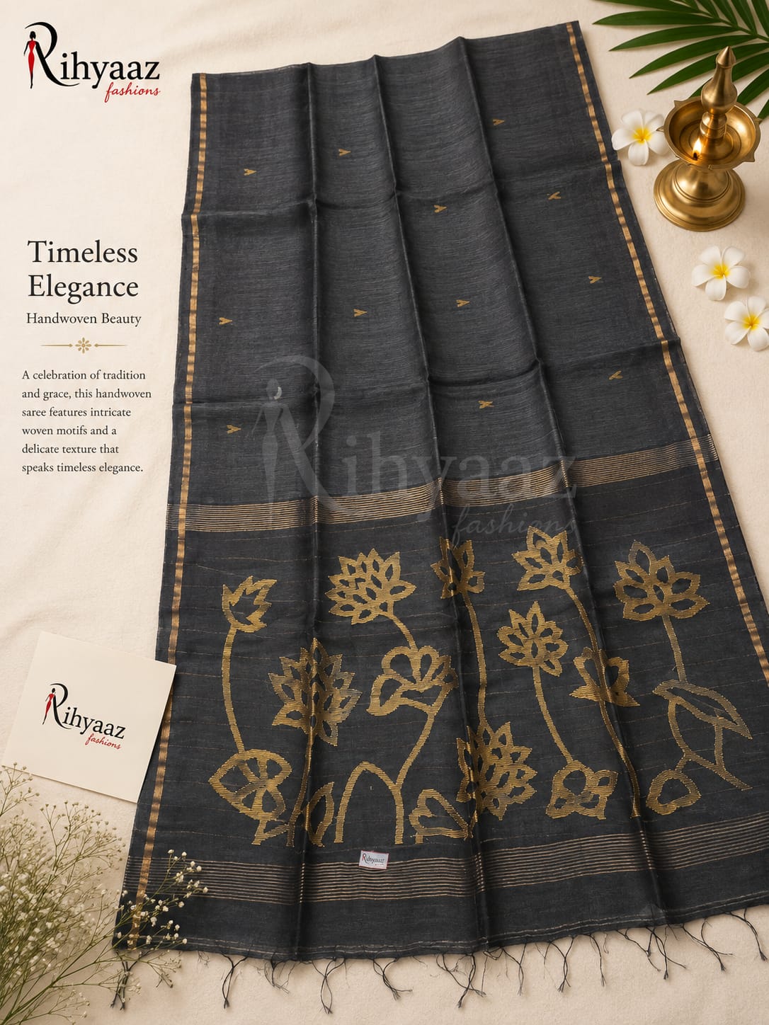 Ayat Linen Silk Resham Anchal Copper Silver Zari Jamdani Weaved Saree by Rihyaaz – Premium Handwoven Festive & Wedding Saree