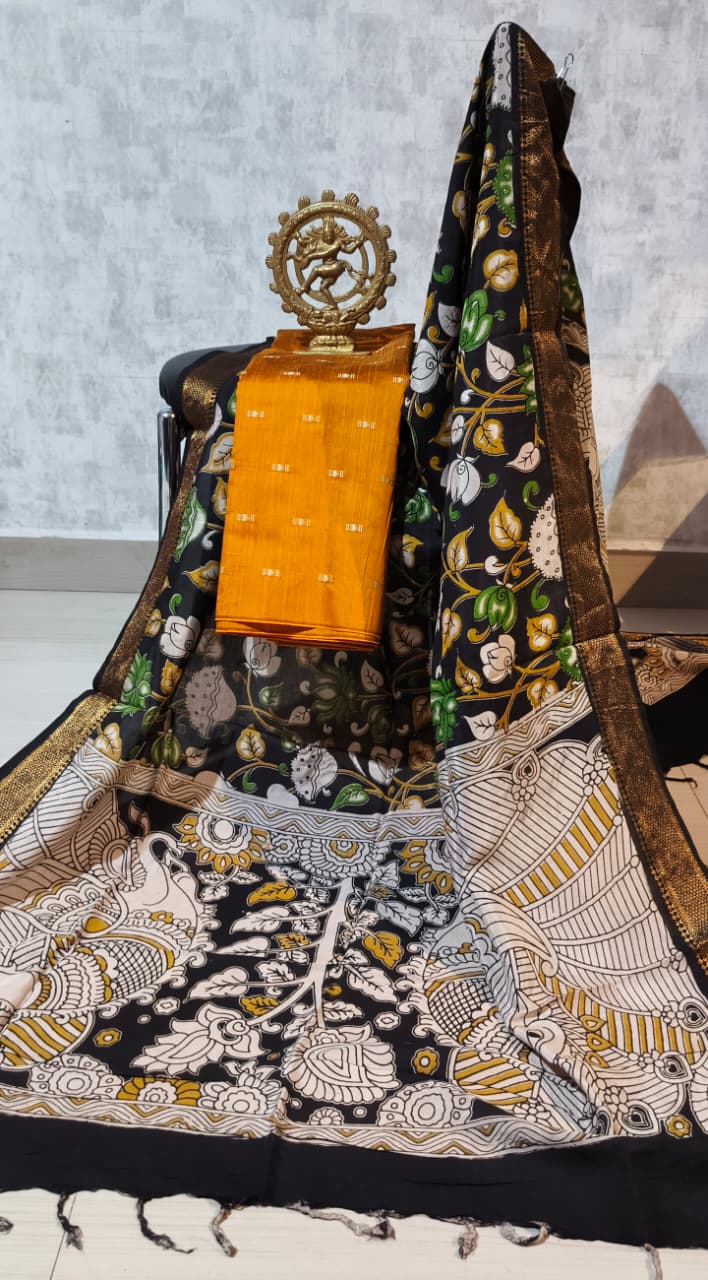 Ikkat Raw Silk Unstitched Dress Material with Kalamkari Dupatta