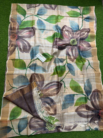 Pure Handloom Tussar Silk – Digital Print & Hand-Painted Saree (Silk Mark Certified)
