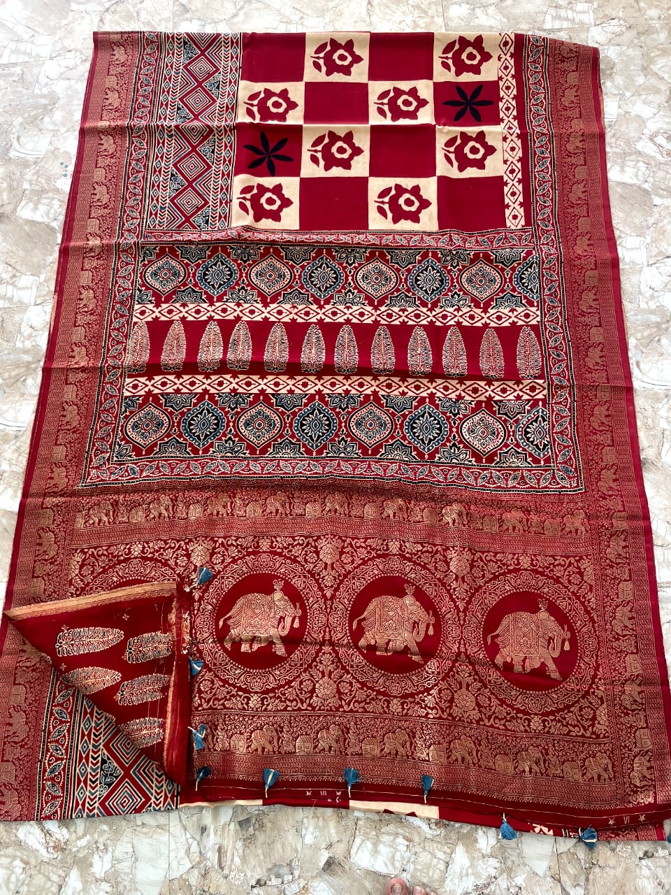 Dola Benarasi Pallu Ajrakh Hand Block Print Saree | Authentic Handloom Elegance