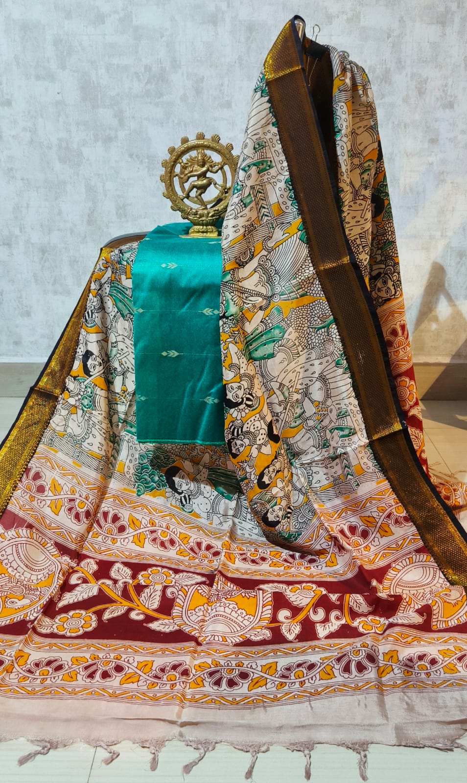 Ikkat Raw Silk Unstitched Dress Material with Kalamkari Dupatta