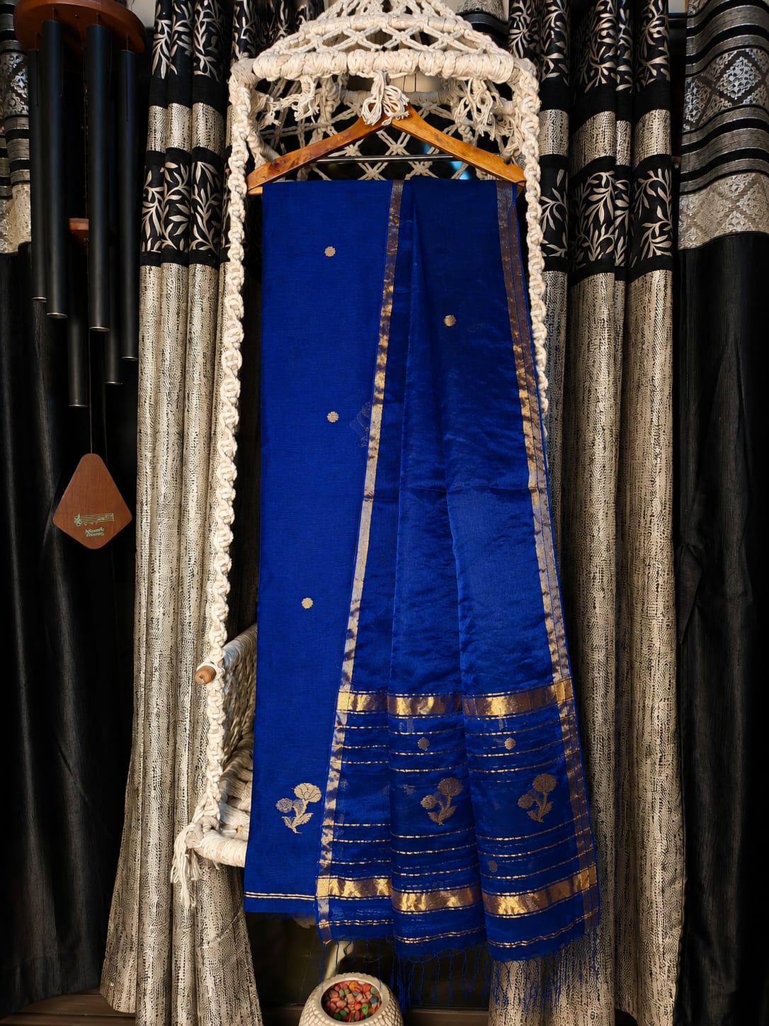 Lipi royal Blue Resham Linen Zari Jamdani suit with zari border and heavy palla Resham dupatta by Rihyaaz