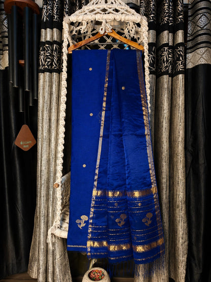Lipi royal Blue Resham Linen Zari Jamdani suit with zari border and heavy palla Resham dupatta by Rihyaaz