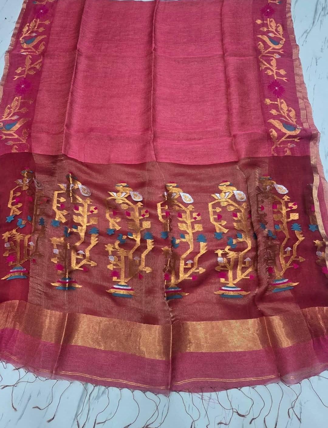 ✨Khori Silk Tissue Linen Needle Karat Jamdani Saree with Resham Jamdani Palla
✨