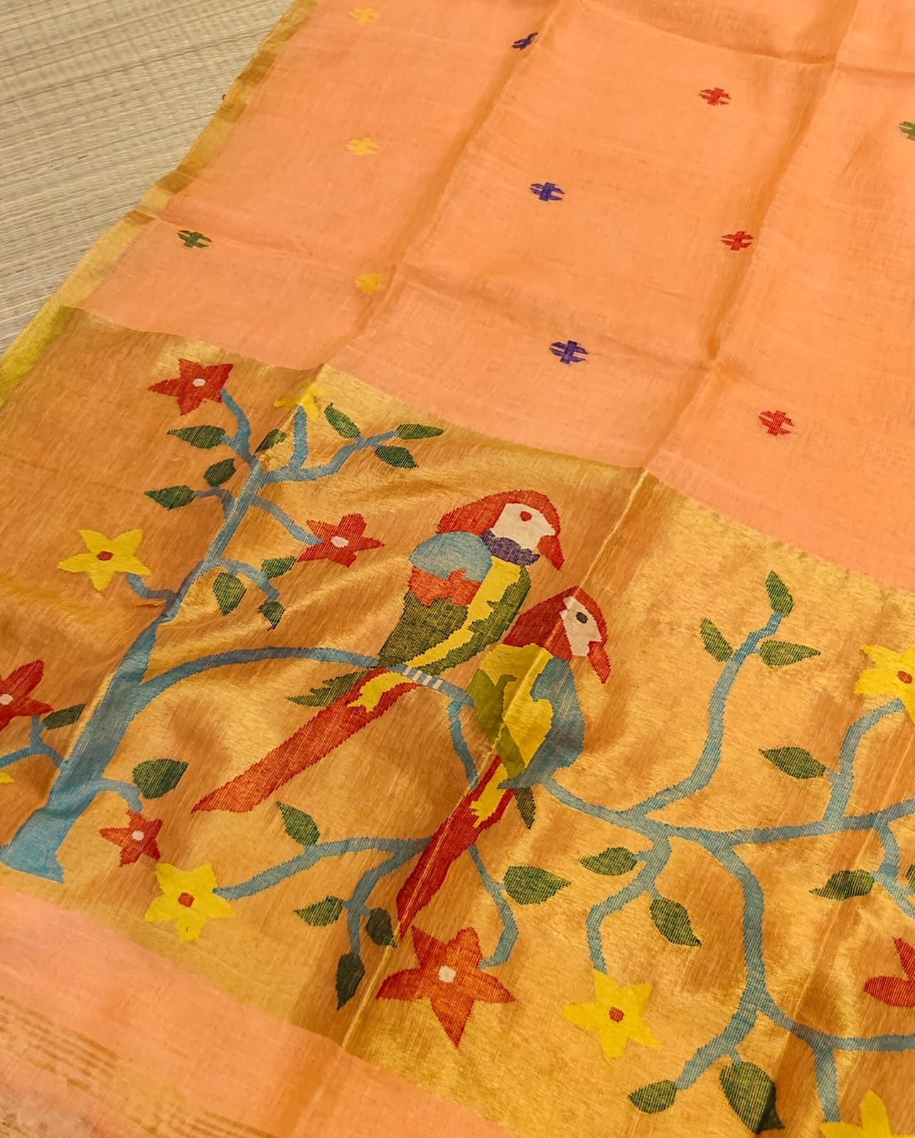 Kakatua Pure Linen Paithani Saree by Rihyaaz with matching blouse piece, elegant Paithani weave, premium linen fabric, custom colour options available, handcrafted ethnic wear.