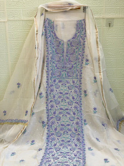 Fabric Mul Mul Chanderi Suit Set – Kurta & Dupatta | Chikan Fine Work | Colour Thread Embroidery | Pearl & Cuttdhana Detailing | Dyeable Fabric