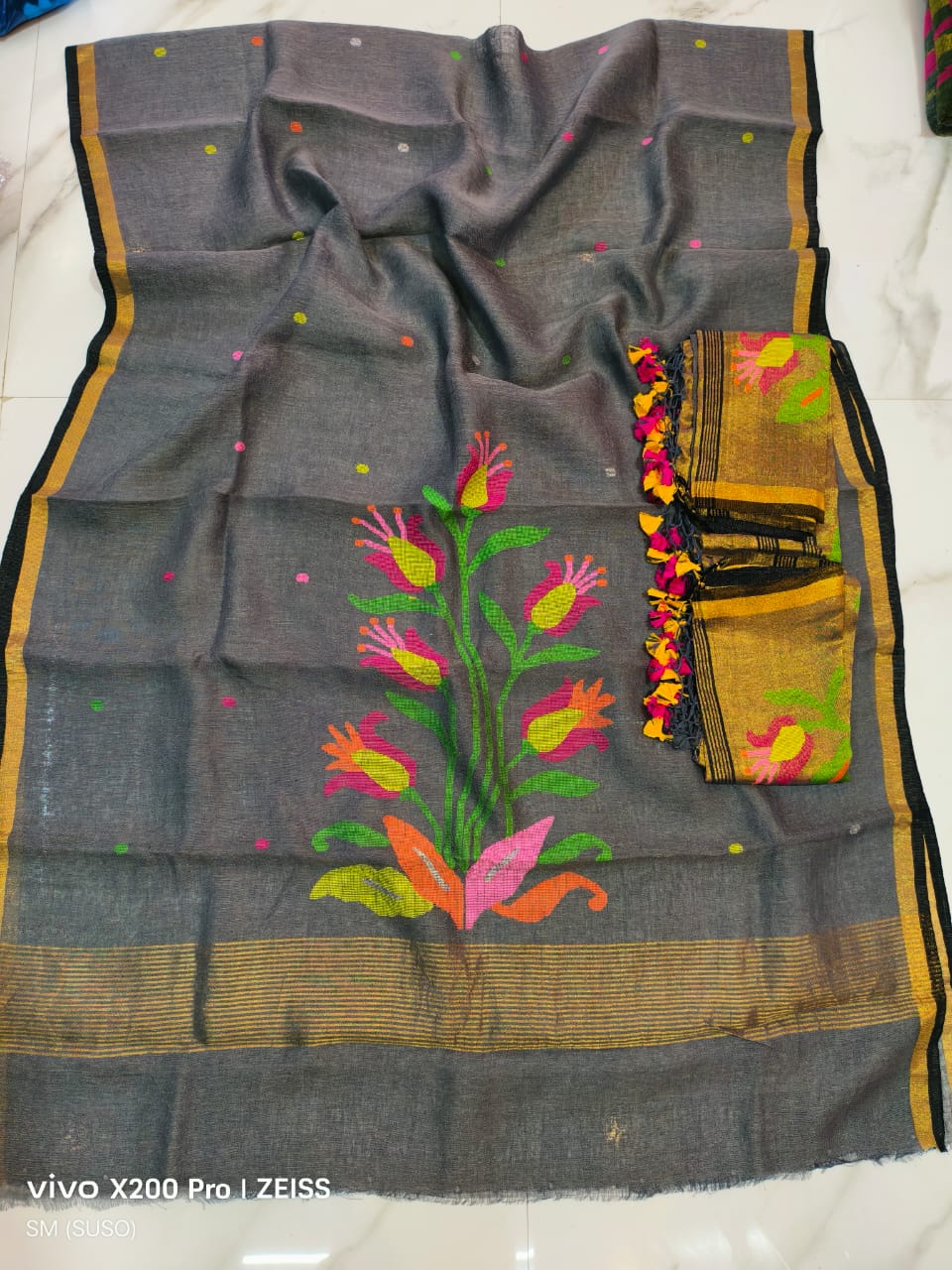 Cosmos – Floral Multicolour Weaved Jayshree Linen by Linen Jamdani Suits