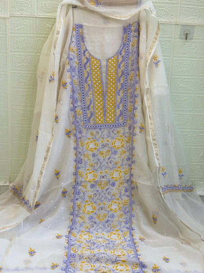 Fabric Mul Mul Chanderi Suit Set – Kurta & Dupatta | Chikan Fine Work | Colour Thread Embroidery | Pearl & Cuttdhana Detailing | Dyeable Fabric