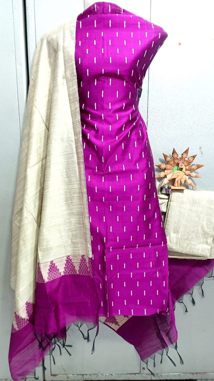 Semi Raw Silk Buta Design Unstitched Dress Material Set