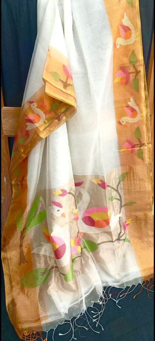 Hansini – Swan Motif Paithani-Inspired Jamdani Palla, Anchal & Border on Muslin Silk