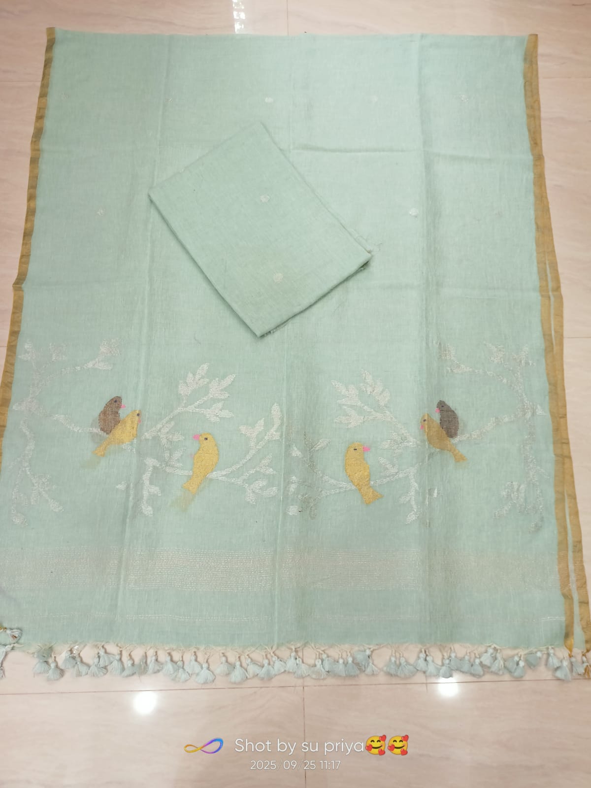 Doyel dual zari bird motif linen suit