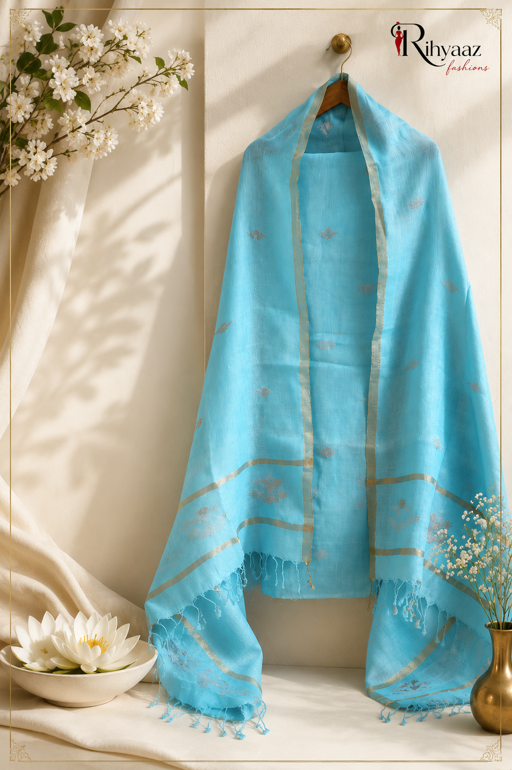 Sukoon Dual Zari Woven Linen Needle Jamdani Suit Set | Premium Handwoven Ethnic Wear | Rihyaaz