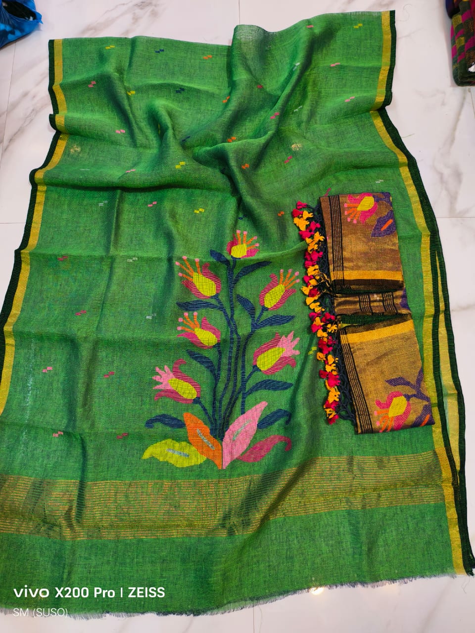 Cosmos – Floral Multicolour Weaved Jayshree Linen by Linen Jamdani Suits