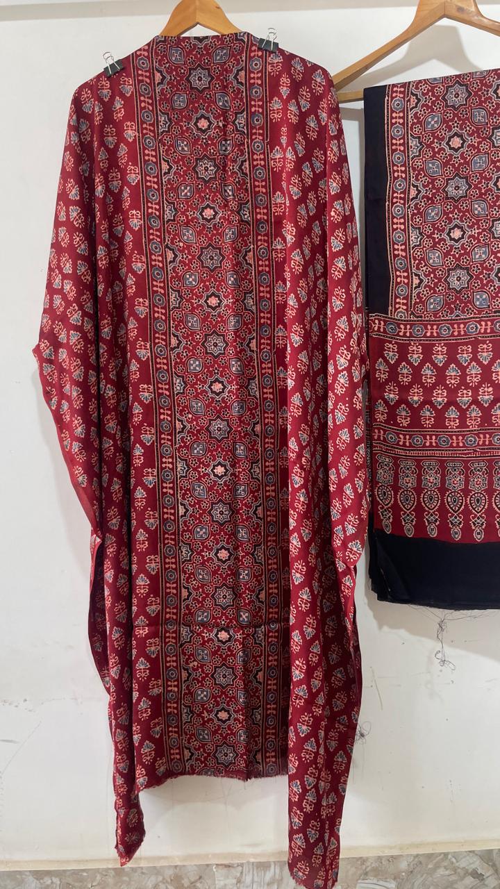 Coral- Modal Silk Handblock Ajrakh Suits in Red Shade – Elegance That Speaks Tradition