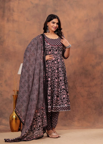 A-Line Anarkali Kurti Pant Set With Dupatta - Bagru Hand Block Printed | Pure Cotton Fabric | Customisable Sizes