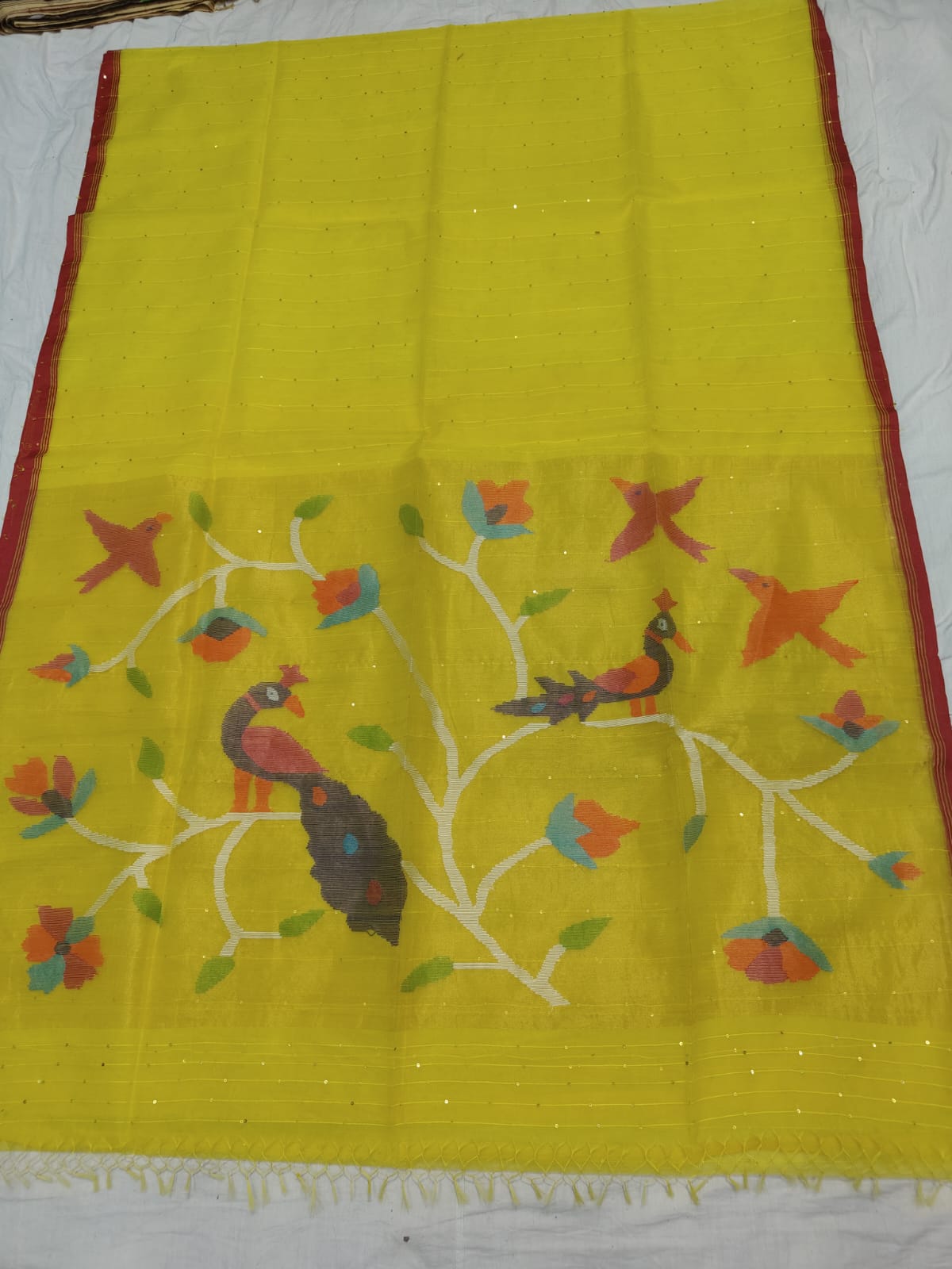 𝓞𝓭𝓱𝓪𝓷𝓲 – Muslin Silk Pathani Weave Saree with All-Over Sequin Elegance