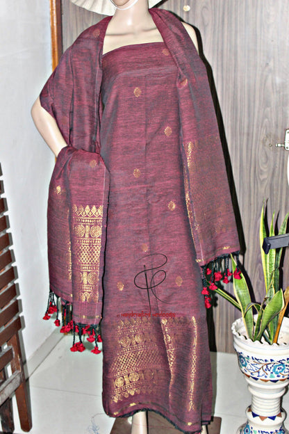 Ramya- Premium Textured Linen Suit with Madurai Border Top & Dupatta | Elegant Handwoven Craft