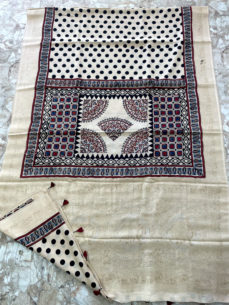 Dola Benarasi Pallu Ajrakh Hand Block Print Saree | Authentic Handloom Elegance