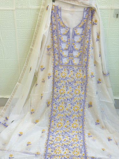 Fabric Mul Mul Chanderi Suit Set – Kurta & Dupatta | Chikan Fine Work | Colour Thread Embroidery | Pearl & Cuttdhana Detailing | Dyeable Fabric