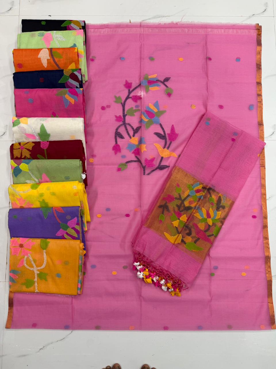 Rihyaaz handwoven Muslin Paithani Jamdani suit with 2.5 meter top and 2.5 meter tassel dupatta, lightweight traditional Indian ethnic wear.