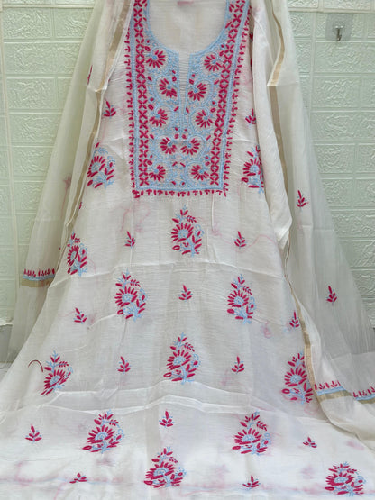 Mul Mul Chanderi Suit Set – Kurta & Dupatta | Fine Chikan Work | Colour-Dyeble Fabric