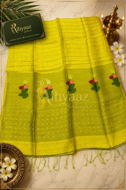 Tinka premium linen saree with resham tulip woven Jamdani anchal and all-over sequin detailing by Rihyaaz