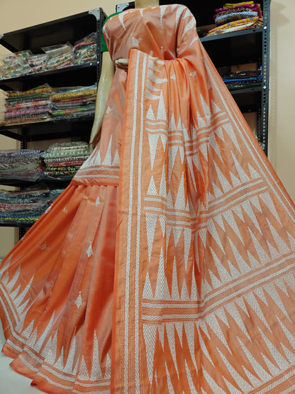 Traditional Shantiniketan Hand Kantha Stitch Saree in Blended Bangalore Silk | Rihyaaz