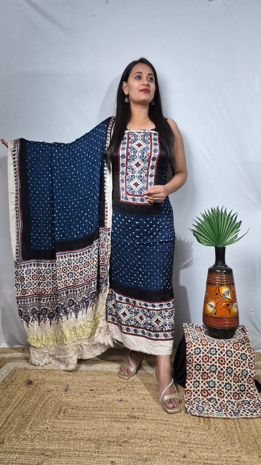 Modal Silk Ajrakh Bandhani 3-Piece Suit Set