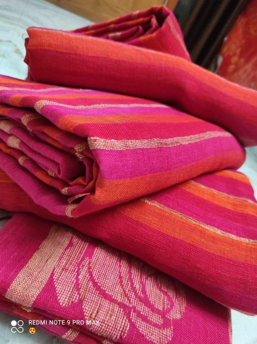 Rose handwoven striped linen saree with elegant woven stripes, rose motifs, and a lightweight traditional handloom texture by Rihyaaz 