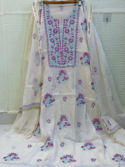 Mul Mul Chanderi Suit Set – Kurta & Dupatta | Fine Chikan Work | Colour-Dyeble Fabric