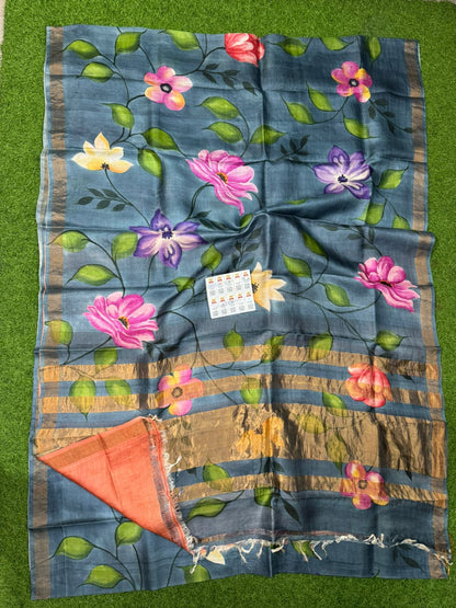 Pure Handloom Tussar Silk – Digital Print & Hand-Painted Saree (Silk Mark Certified)