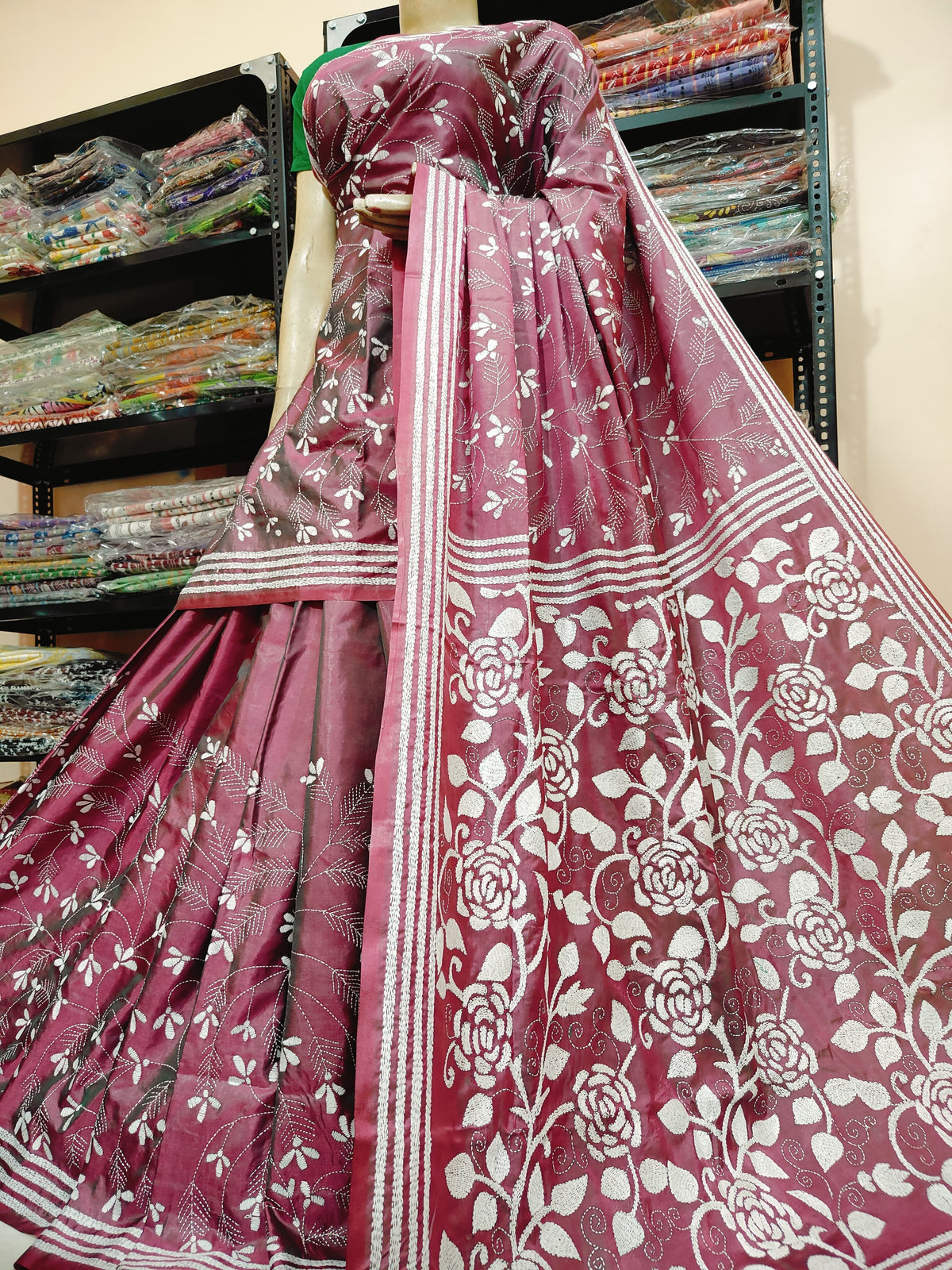Traditional Shantiniketan Hand Kantha Stitch Saree in Blended Bangalore Silk | Rihyaaz