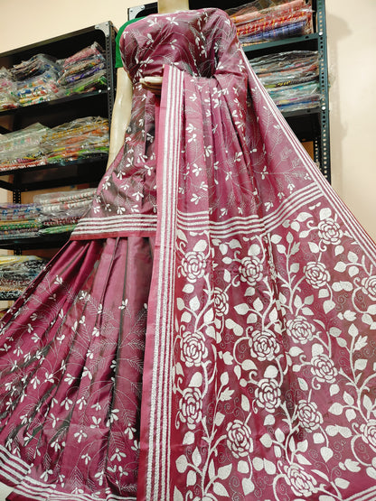Traditional Shantiniketan Hand Kantha Stitch Saree in Blended Bangalore Silk | Rihyaaz