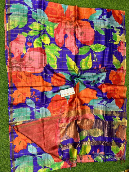 Pure Handloom Tussar Silk – Digital Print & Hand-Painted Saree (Silk Mark Certified)