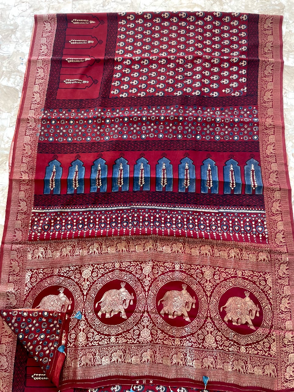 Dola Benarasi Pallu Ajrakh Hand Block Print Saree | Authentic Handloom Elegance