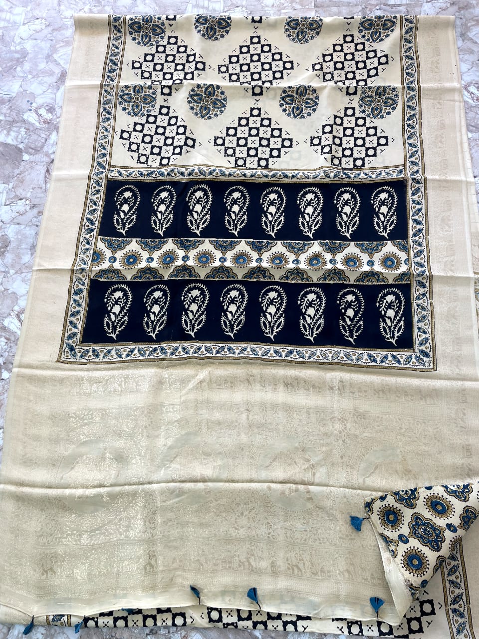 Dola Benarasi Pallu Ajrakh Hand Block Print Saree | Authentic Handloom Elegance