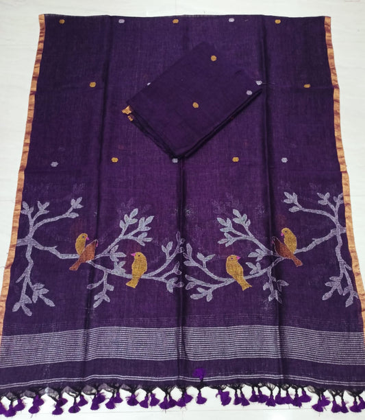 Doyel dual zari bird motif linen suit