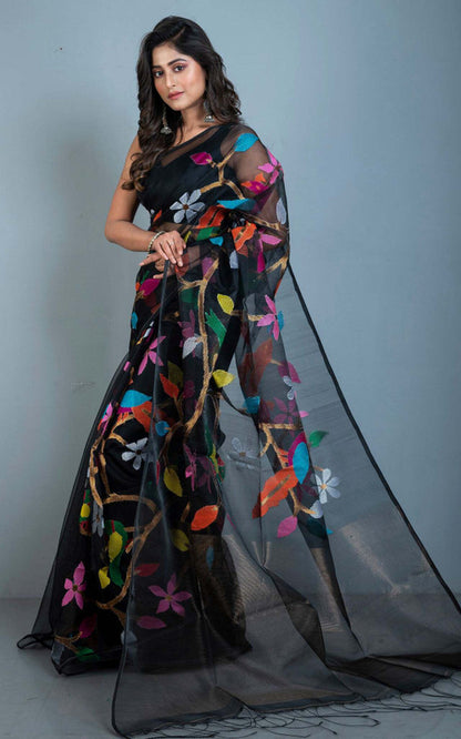 Papri Resham silk jamdani saree with allover handwoven bird & floral weaves by Rihyaaz 