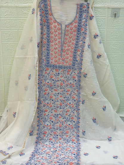Fabric Mul Mul Chanderi Suit Set – Kurta & Dupatta | Chikan Fine Work | Colour Thread Embroidery | Pearl & Cuttdhana Detailing | Dyeable Fabric
