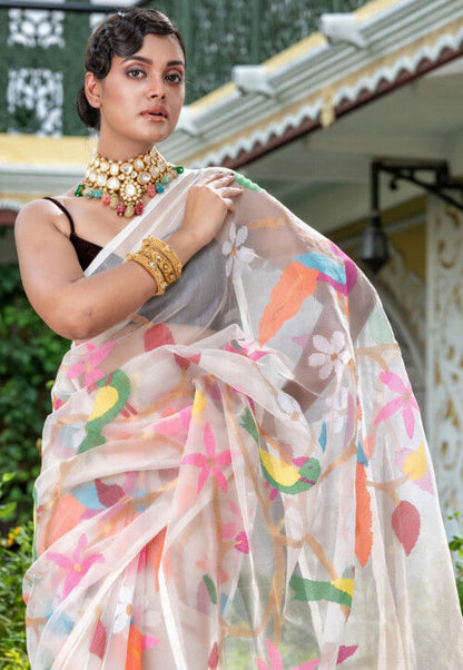 Papri Resham silk jamdani saree with allover handwoven bird & floral weaves by Rihyaaz 