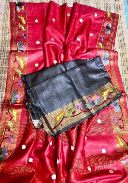 Pure Handloom Tussar Silk Suit - Exquisite Embroidery Border | Premium Weave | Silk Mark Certified