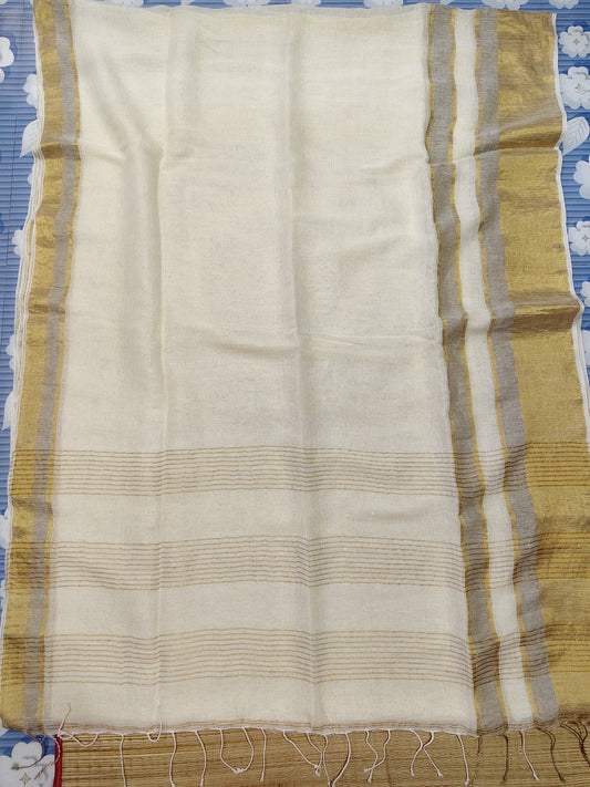 Revathi Pure Jayashree Linen Handwoven Saree with Dual Border & Zari Stripe Pallu | Rihyaaz