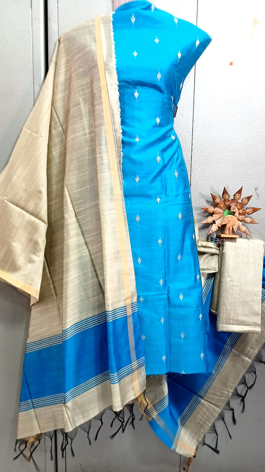 Semi Raw Silk Buta Design Unstitched Dress Material Set