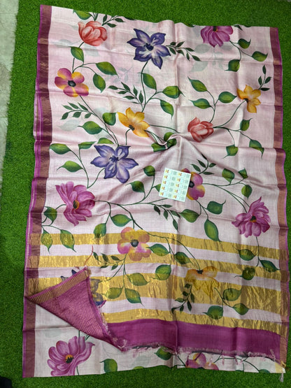 Pure Handloom Tussar Silk – Digital Print & Hand-Painted Saree (Silk Mark Certified)