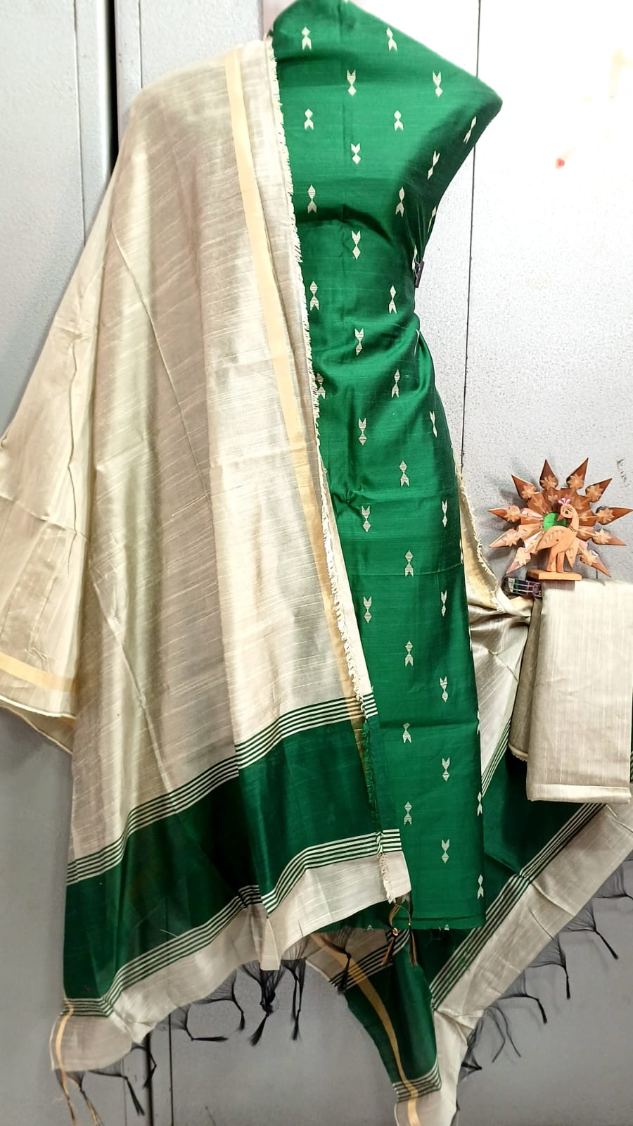 Semi Raw Silk Buta Design Unstitched Dress Material Set