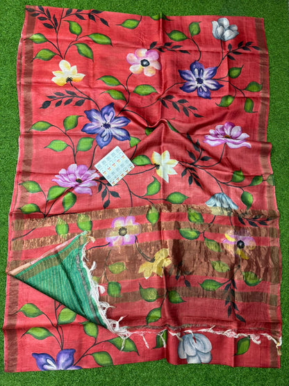 Pure Handloom Tussar Silk – Digital Print & Hand-Painted Saree (Silk Mark Certified)