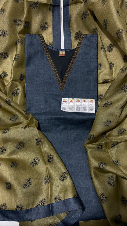 Pure Tussar Silk Handwoven Dress Material Set | Semi-Stitched Kurta with Handwoven Tussar Dupatta