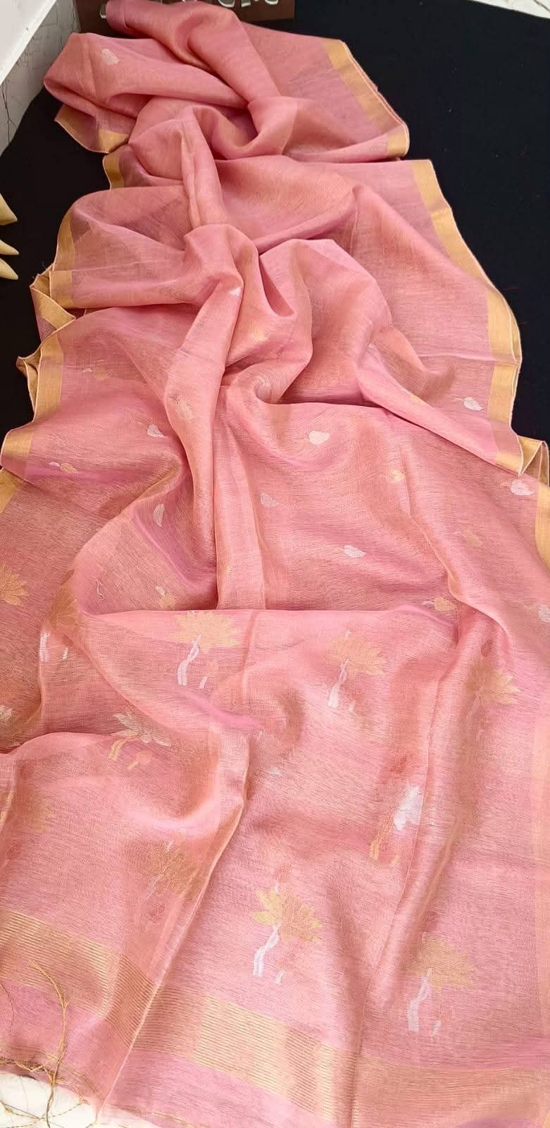 Pure Tissue Linen Handwoven Butta Work Jamdani Saree with Running Blouse Piece Premium Handloom Collection